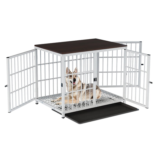 Hondenbench – Hondenkooi – Hondenhok – Hondenkennel – Hondenkooi Meubelstijl – Wit/Walnoot – 3 Deuren – Verwijderbare Lekbak – Stevig Metaal & MDF Hout – Grote Maat L - QUORE