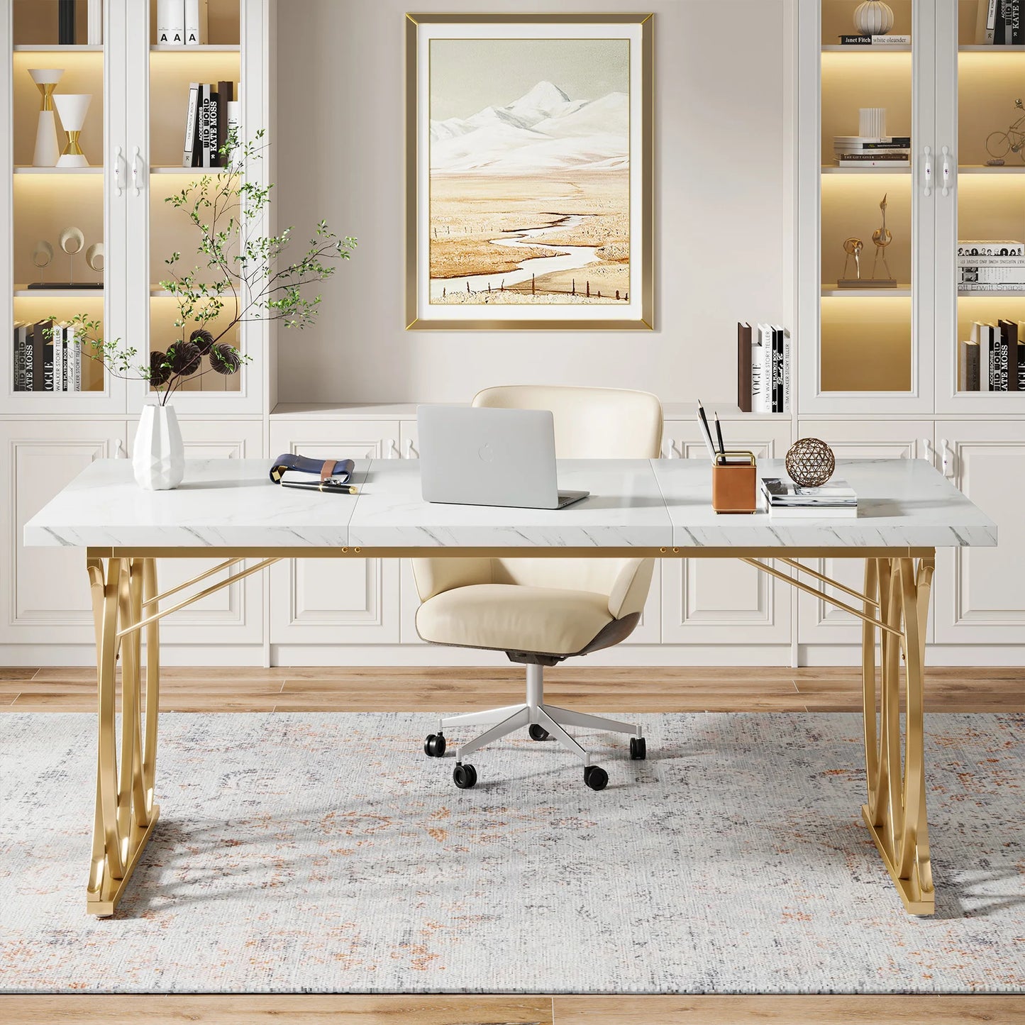 Bureautafel – Werktafel – Thuiswerkplek – Studiebureau – Kantoormeubel – Stevig Metaal Frame – Krasbestendig Tafelblad - 160 x 80 x 75 cm - Wit & Goud