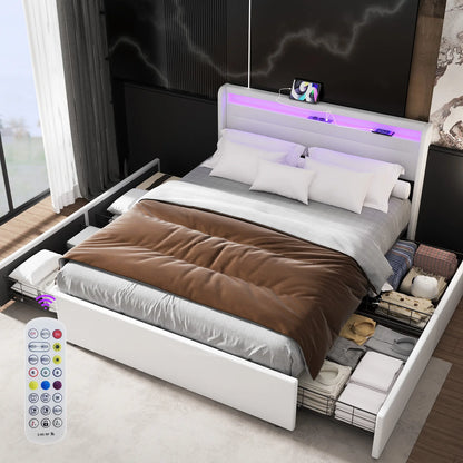 Bedframe Met Opbergruimte – Gestoffeerd Bed – Opbergbed – Tweepersoonsbed – Boxspringbed – LED-Verlichting – Met USB- en Type-C-Aansluitingen - 140 x 200 cm - Wit - QUORE
