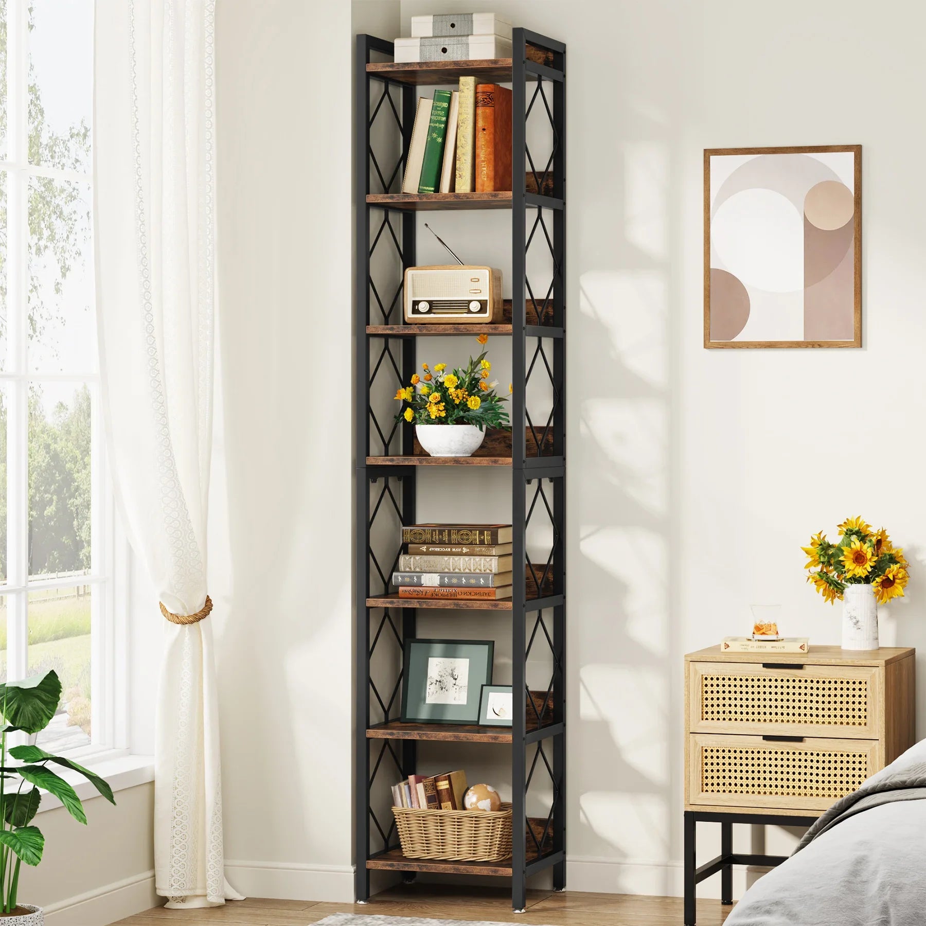 Hoekboekenplank – Smalle Boekenplank – Hoge Kast – Open Planken – 7 Laags – Compact 34 Cm Breed – Stevig Hout Met Metaal - QUORE