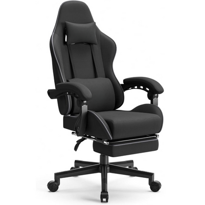 Gaming Stoel - Bureaustoel - Swivel Stoel - met Voetsteun - Hoofdsteun - Verstelbare - Rugleuning - Lendensteun - Ergonomische - Stevig - Draaibare - Stof - Zwart