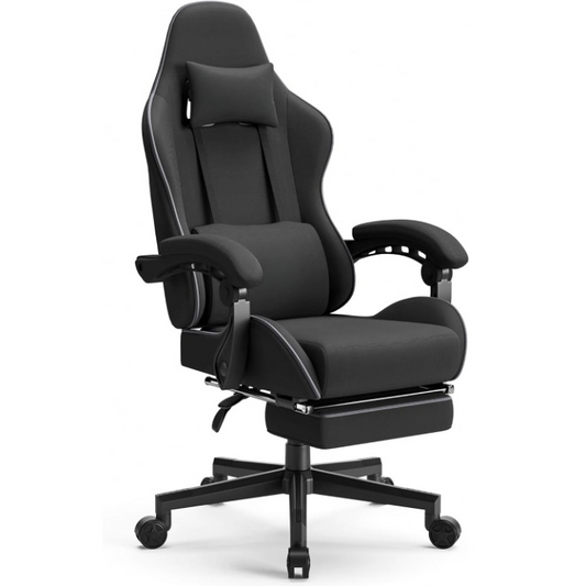 Gaming Stoel - Bureaustoel - Swivel Stoel - met Voetsteun - Hoofdsteun - Verstelbare - Rugleuning - Lendensteun - Ergonomische - Stevig - Draaibare - Stof - Zwart