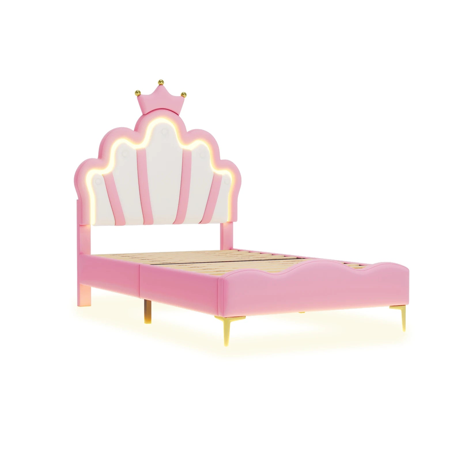Kinderbed – Peuterbed – Juniorbed – Bedhuisje – Kinderbed met LED-verlichting – 90x200 cm – Gestoffeerd PU Leer – Kroonvormig Hoofdeinde - QUORE