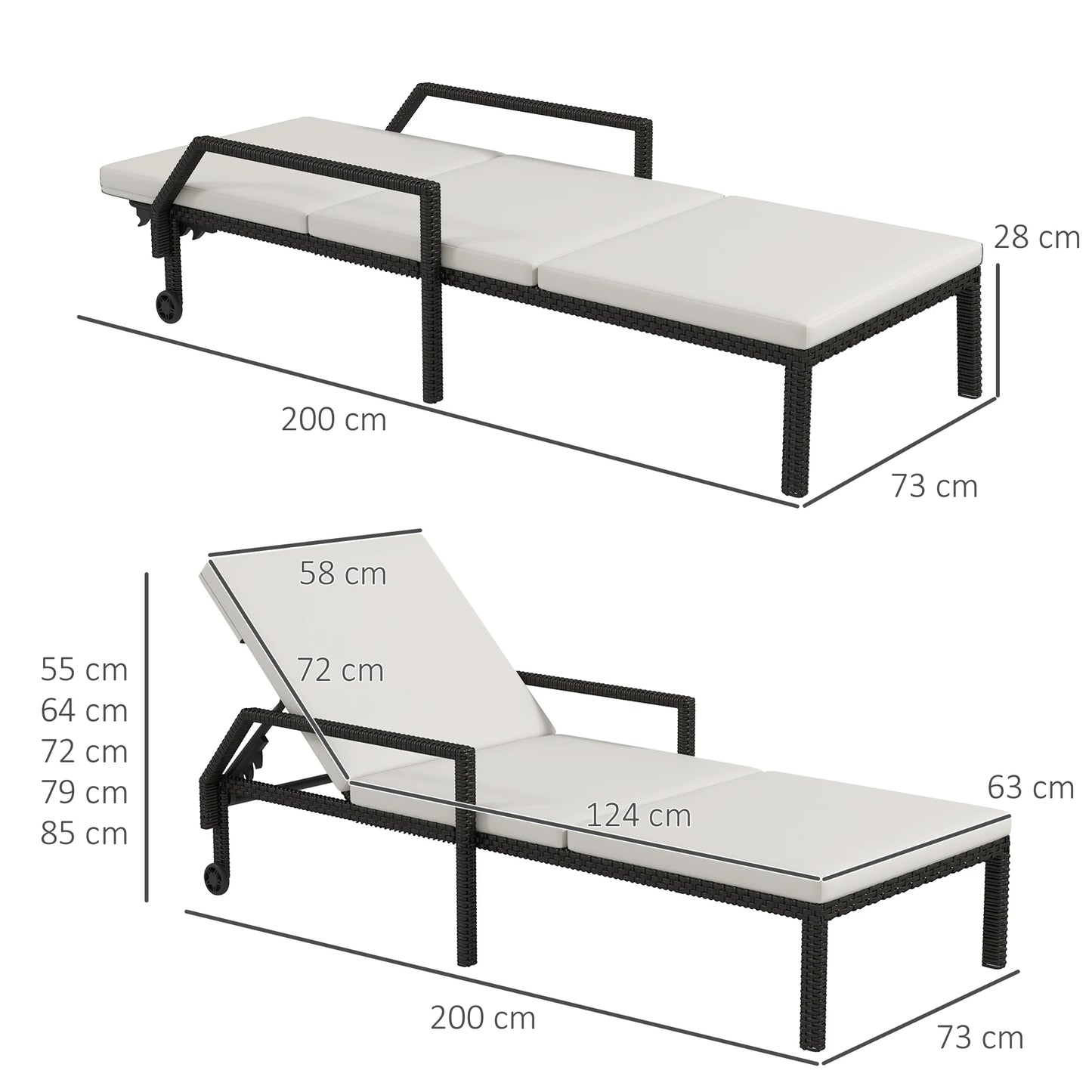 Rattan Lounger met Verstelbare Rugleuning - Handgeweven PE Rattan en Metalen Frame - Met Wielen - 5 Posities - 73x200x48 cm - Crème en Zwart