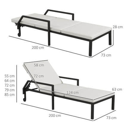 Rattan Lounger met Verstelbare Rugleuning - Handgeweven PE Rattan en Metalen Frame - Met Wielen - 5 Posities - 73x200x48 cm - Crème en Zwart