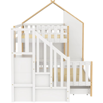 Hoogslaper – Stapelbed – Kinderbed – Mezzaninebed – Zolderbed – Tweepersoonsbed 90x200 & 140x200 cm – Massief Houten Frame – Met Ladder & 2 Opberglades – Zonder Matras