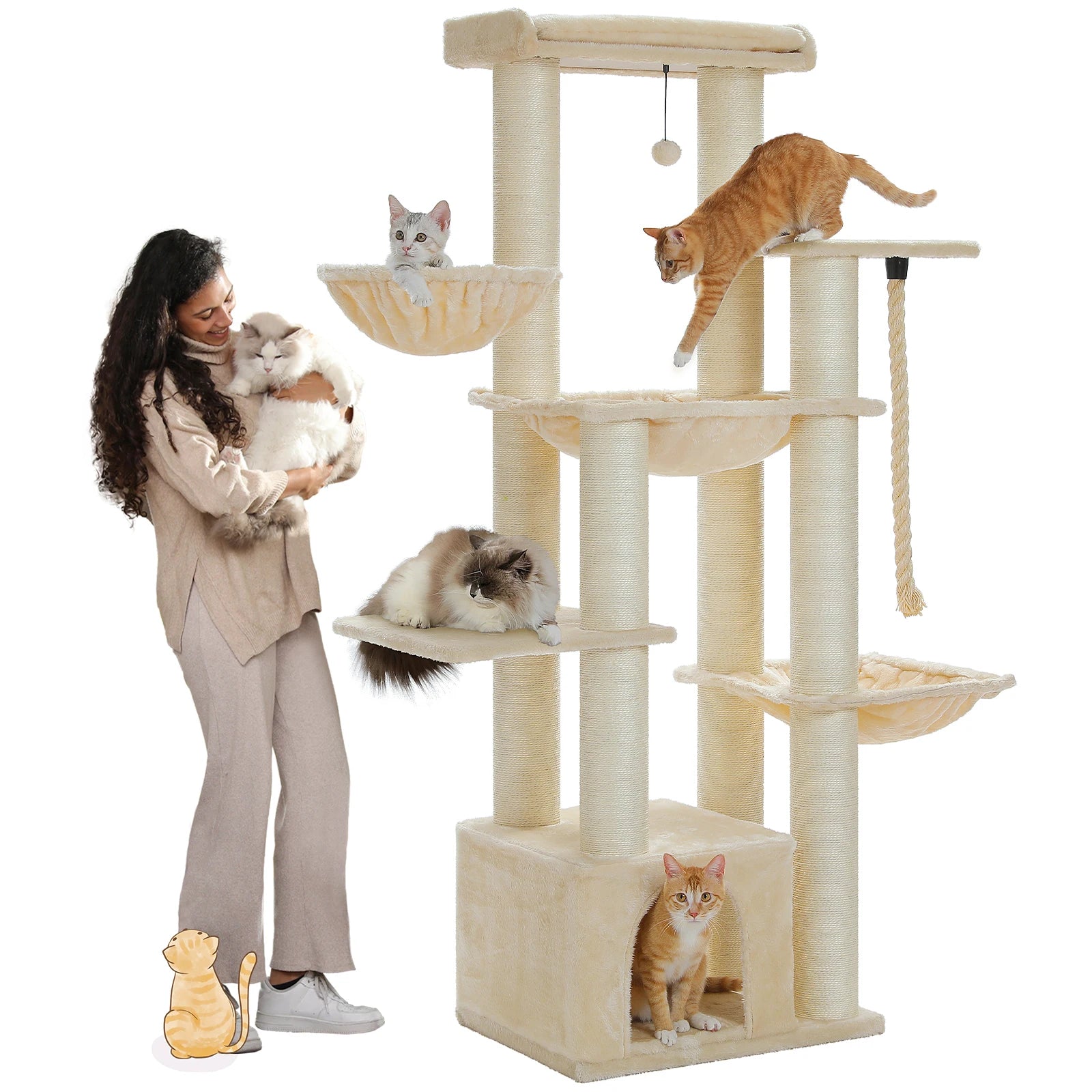 Krabpaal - Kattenkrabpaal - Krabton - Kattenboom - Krabpalen - Kattenhuis - met Meerdere Verdiepingen, Hangmat en 11 Sisalpalen - Ideaal voor Grote Katten - Beige - QUORE