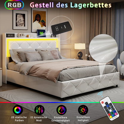 Opbergbed – Hydraulisch Bed – Gestoffeerd Bed – Bed Met Opbergruimte – Kunstleer Bekleding – LED-Verlichting - 160 x 200 - Wit
