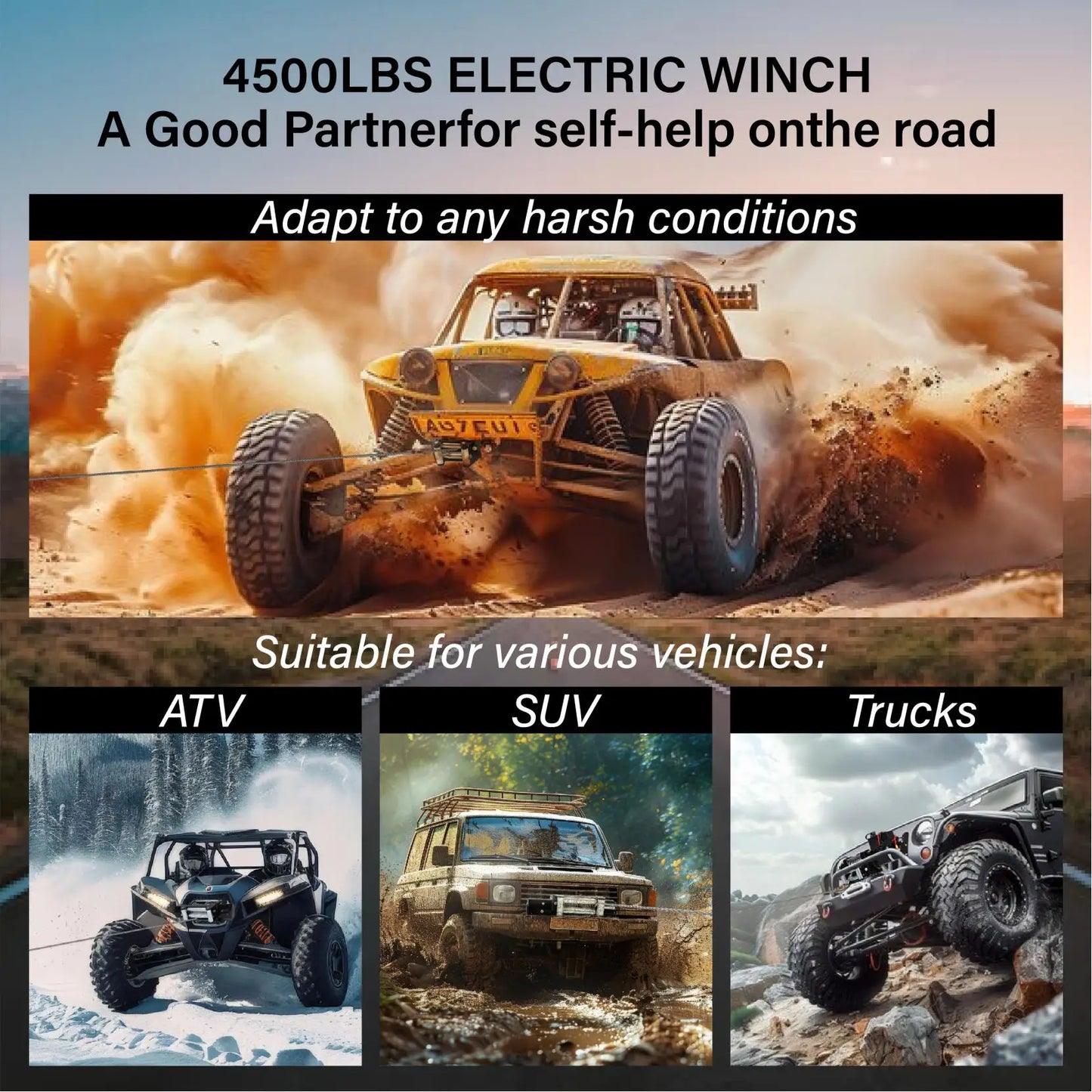 Elektrische Lier – Offroad Lier – Auto Lier – Kabellier – Trekcapaciteit 5443 Kg – IP67 Waterdicht - 12000lbs - 12V - met Draadloze Afstandsbediening - Stalen Kabel - voor ATV UTV-aanhangwagen