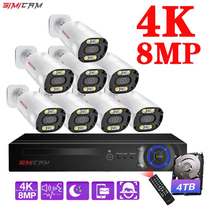 8CH 4K 8MP CCTV IP Security Camera System PoE NVR Kit Humanoid/Face Detection Two Way Audio Metal Bullet Video Surveillance Set