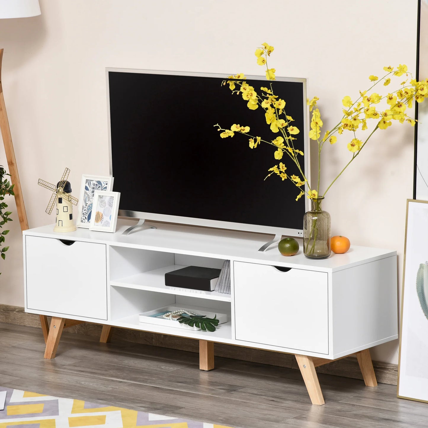 TV-meubel – TV-kast – Mediameubel – Tv-standaard – Tv-dressoir – Scandinavisch Design – Ruime Opbergruimte – Geschikt Voor TV Tot 65 Inch - Wit - QUORE