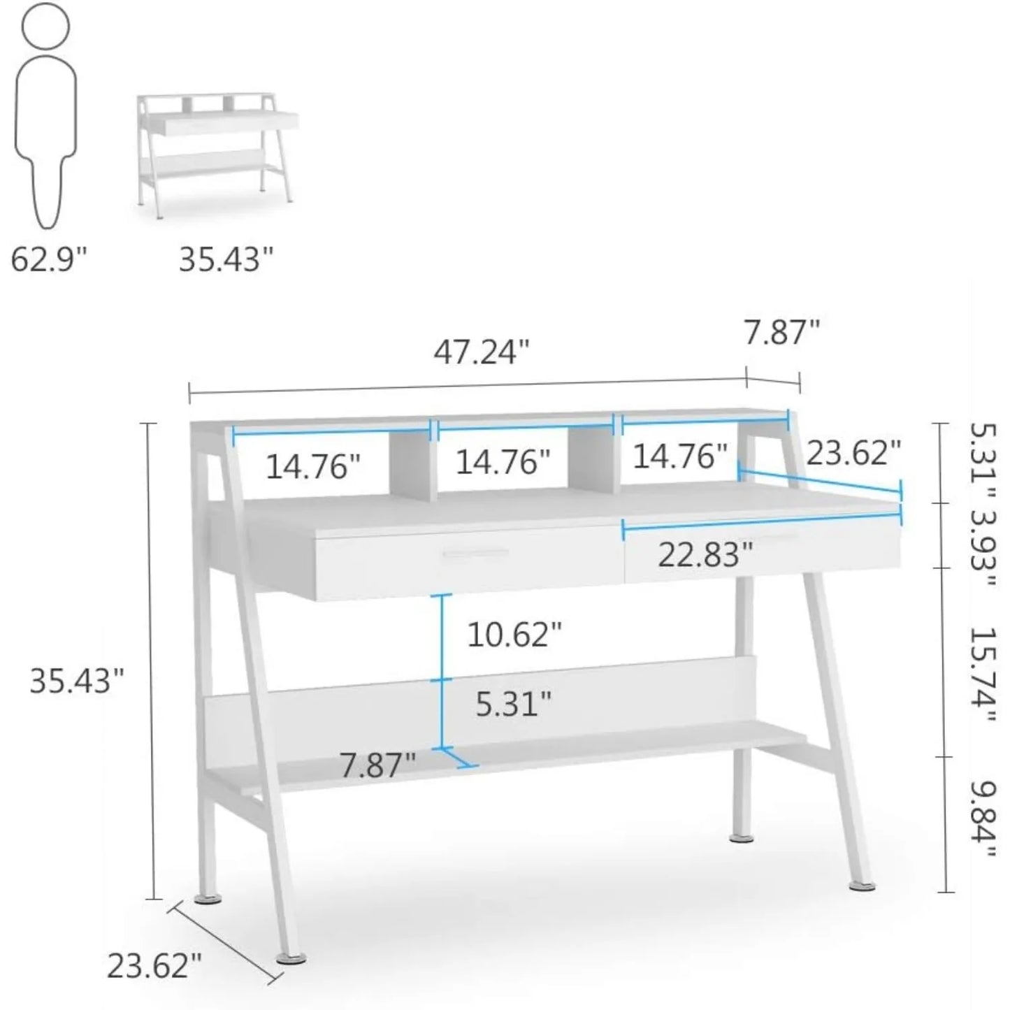 Bureau – Werkplek – Studieplek – Thuiswerkplek – Bureau Met Lade – Metalen Frame - 120 x 60 x 90 - Wit