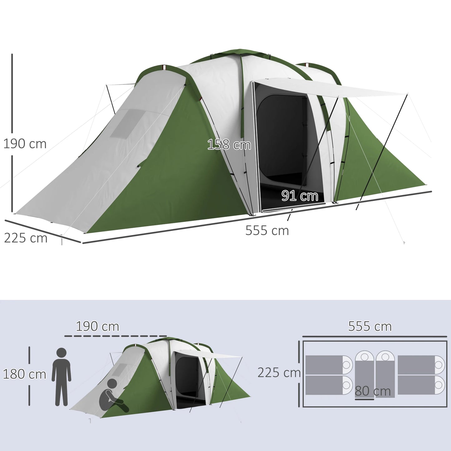 Familietent voor 4-6 Personen - 555x225x190 cm - Groen - 2 Slaapkamers & 1 Woonruimte - Waterdicht - UV-bescherming