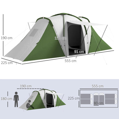 Familietent voor 4-6 Personen - 555x225x190 cm - Groen - 2 Slaapkamers & 1 Woonruimte - Waterdicht - UV-bescherming