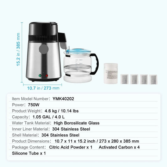 Waterdestilleerder - Water Destilleerapparaat - Automatische Distilleerder - Destilleerapparaat - Zuiver Water Maken - 4L - 750W - 220V - met Koolstoffilter - Ideaal voor Thuisgebruik - Zilver