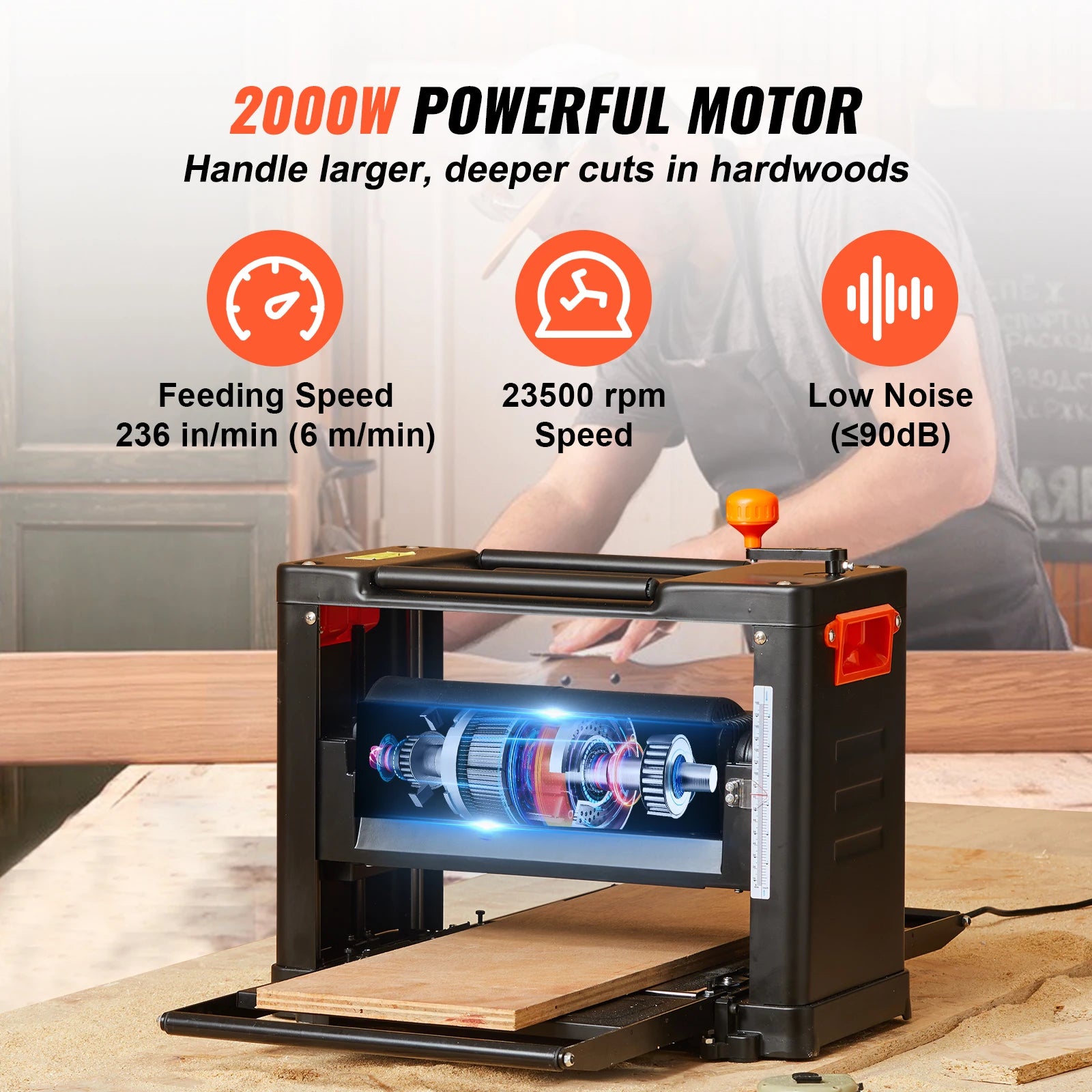 Elektrische Schaaf – Hout Schaven – Planken Schaven – Houtbewerking – Houtvlakken – 2000W Motor – Driedubbele Messenset - QUORE