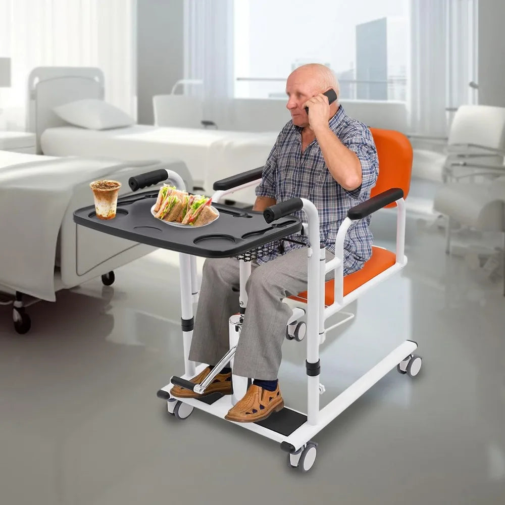 Transportrolstoel - Rolstoel - Rollator - Patiëntenlift & Verzorgingsstoel - Hydraulische - Douchestoel - 4-in-1 Douche – Verstelbare Hoogte & Transferhulp met Pot – Oranje/Wit/Zwart