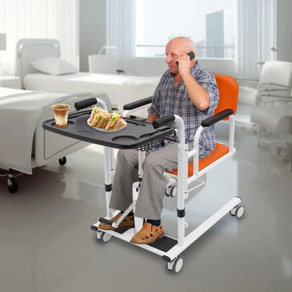 Transportrolstoel - Rolstoel - Rollator - Patiëntenlift & Verzorgingsstoel - Hydraulische - Douchestoel - 4-in-1 Douche – Verstelbare Hoogte & Transferhulp met Pot – Oranje/Wit/Zwart