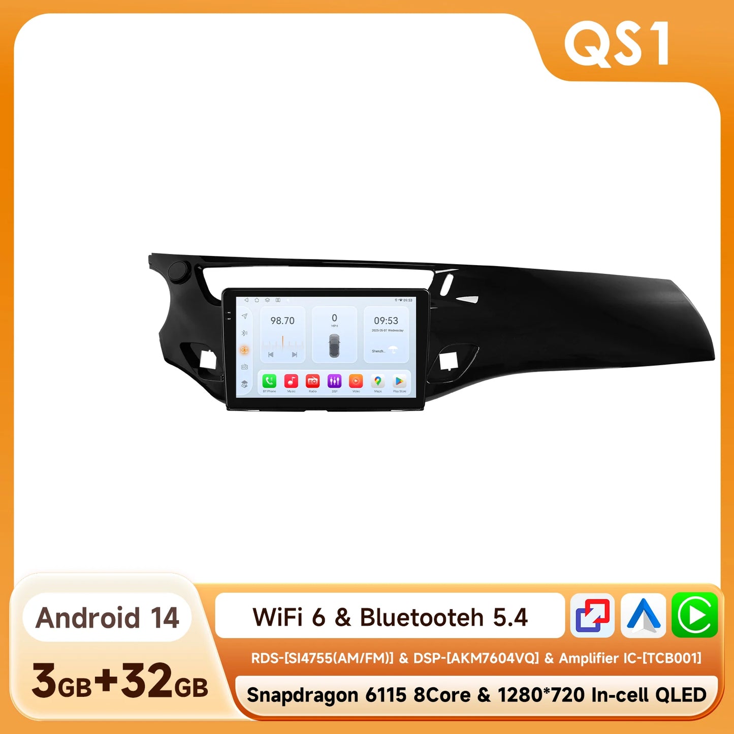 Autoradio Citroën C3 DS3 – Multimedia Systeem – Navigatie Radio – CarPlay Android Auto – 9 Inch Touchscreen – 8-Core Snapdragon 6115 Processor – 128GB Opslag