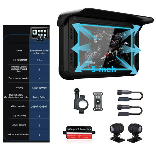 Motorfiets GPS – Motornavigatie – Navigatie – Motorhouder – Telefoonhouder – Draadloze CarPlay & Android Auto – IP65 Waterdicht Met Dubbele 1080P Camera’s