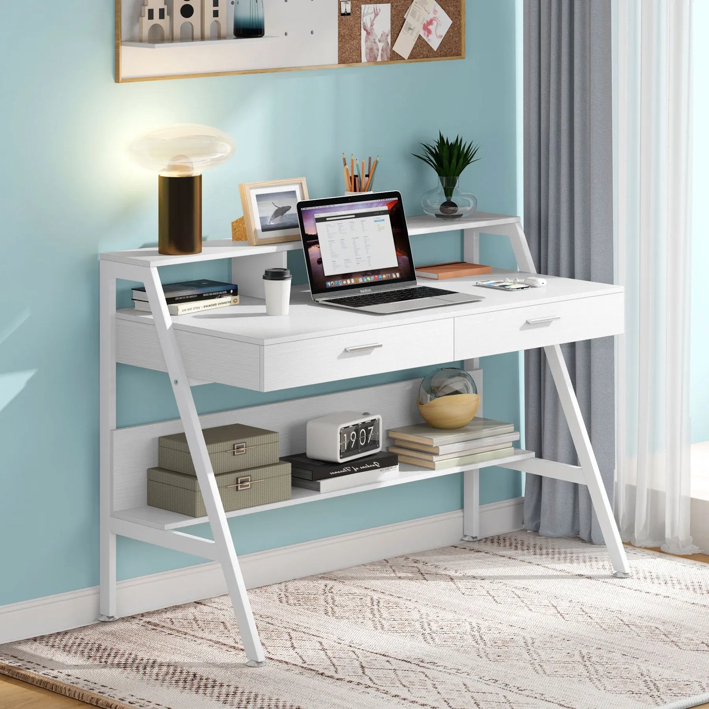 Bureau – Werktafel – Computerbureau – Schrijftafel – Compact Ontwerp – Metalen Frame – Ergonomische Monitorverhoger