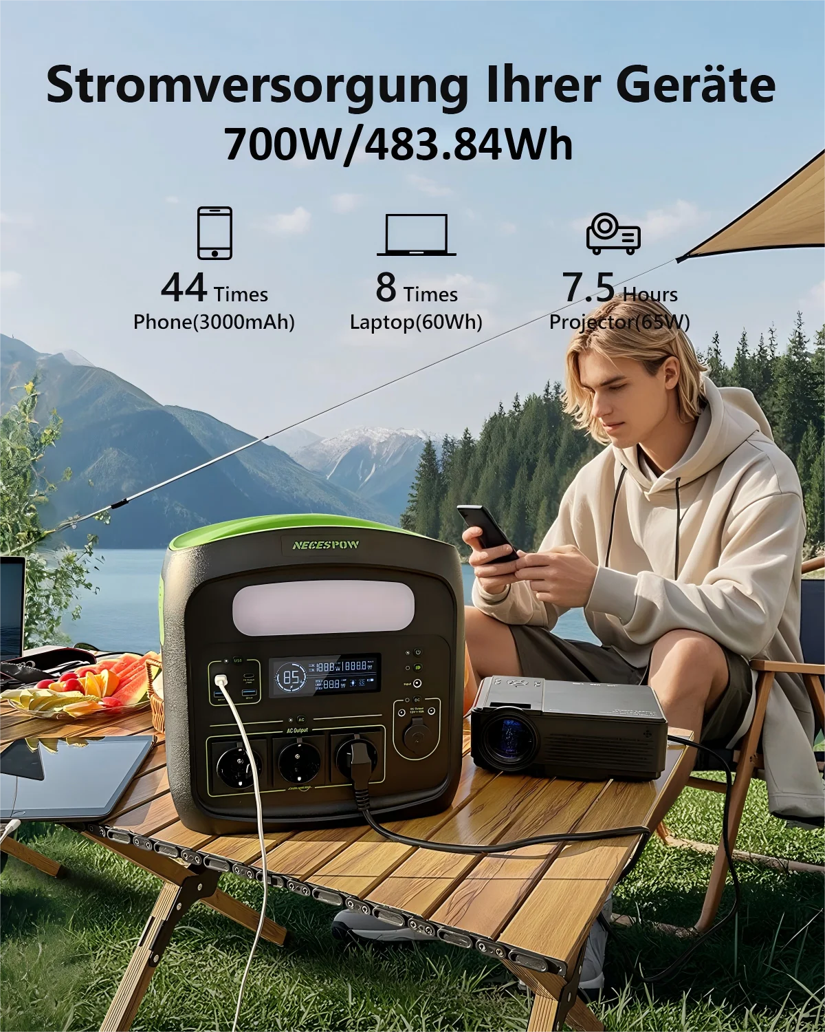 Powerstation – Draagbare Generator – Noodstroom – Camping Accu – Mobiele Energie – 700W Vermogen – 483,84Wh LiFePO4 Batterij