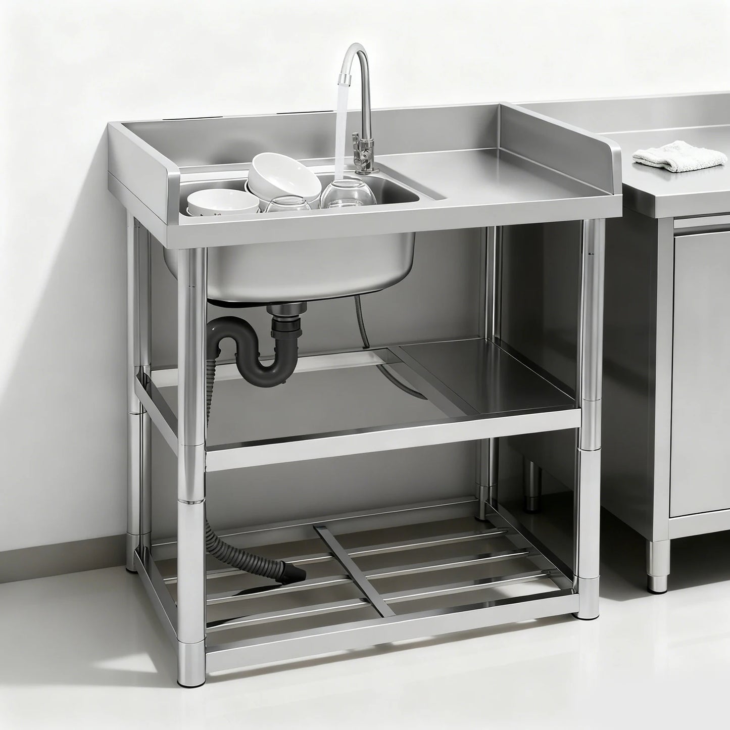 2-Tier Stainless Steel Single Bowl Sink with Worktop and Faucet, 100KG Capacity Floor Standing Kitchen Hand Washing Station - QUORE