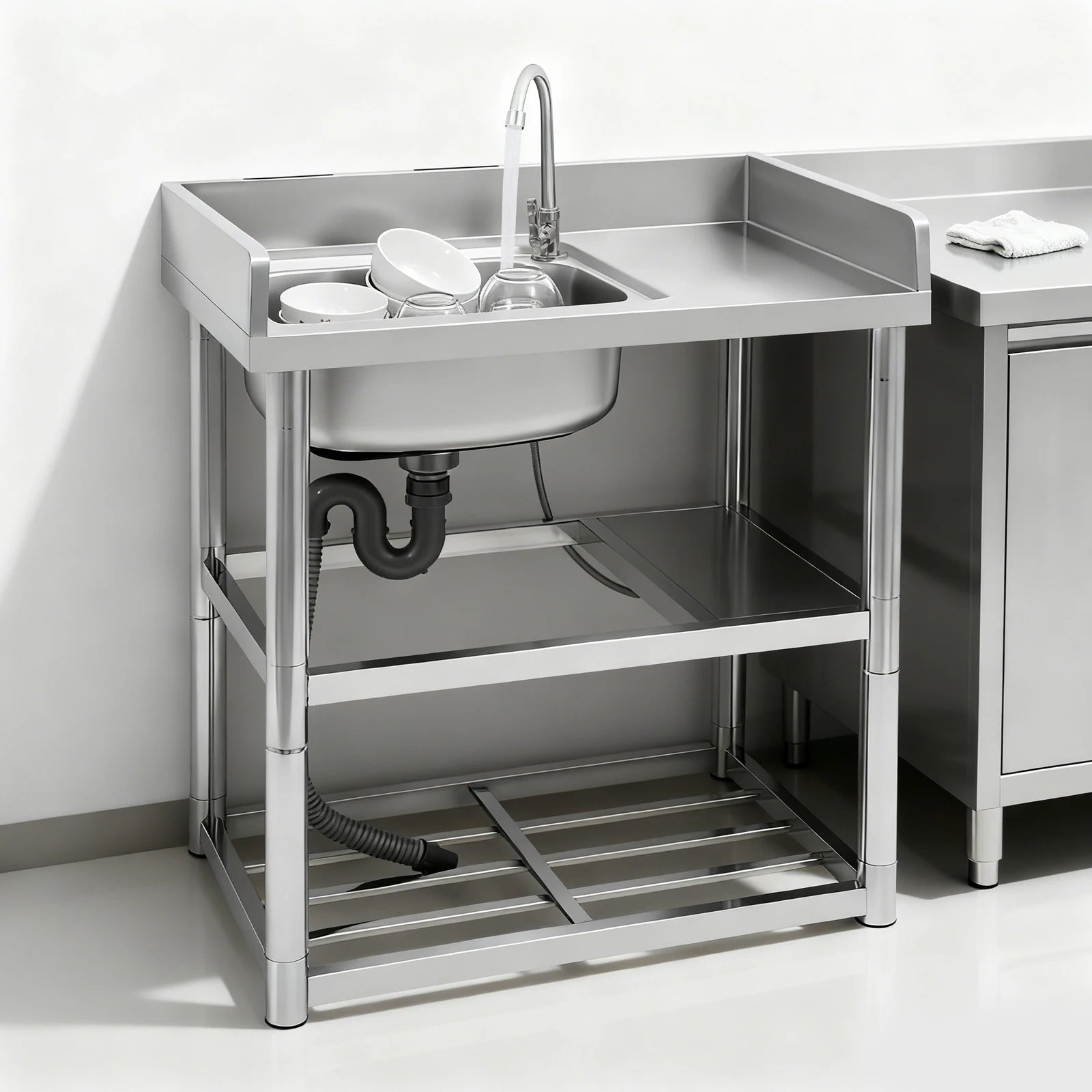 2-Tier Stainless Steel Single Bowl Sink with Worktop and Faucet, 100KG Capacity Floor Standing Kitchen Hand Washing Station - QUORE