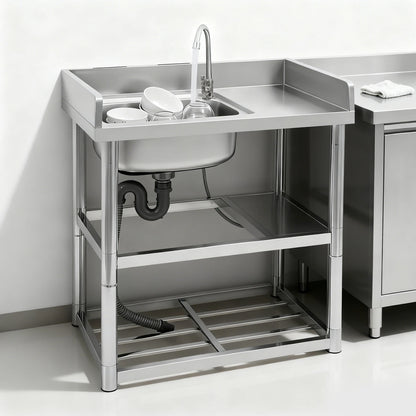 2-Tier Stainless Steel Single Bowl Sink with Worktop and Faucet, 100KG Capacity Floor Standing Kitchen Hand Washing Station - QUORE