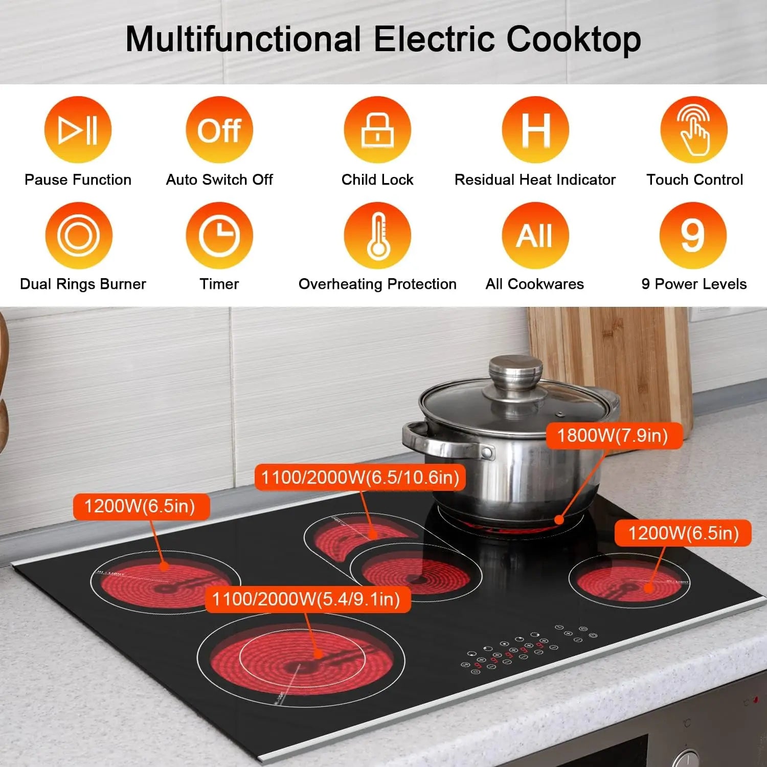 Karinear 30 Inch Electric Cooktop 5 Burners Ceramic Cooktop, Drop-in Electric Radiant Cooktop 8400W - QUORE