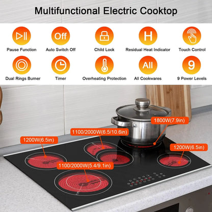 Karinear 30 Inch Electric Cooktop 5 Burners Ceramic Cooktop, Drop-in Electric Radiant Cooktop 8400W - QUORE