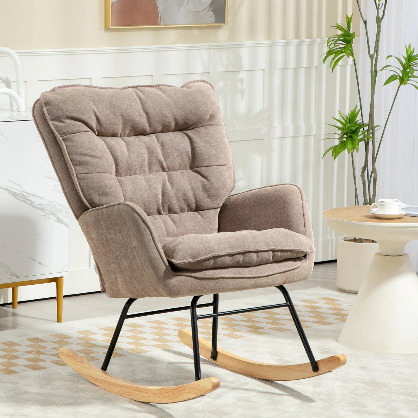 Schommelstoel – Relaxstoel – Fauteuil – Voedingsstoel – Leesstoel – Chenille Bekleding – Stevig Beukenhouten Onderstel - Chocolade