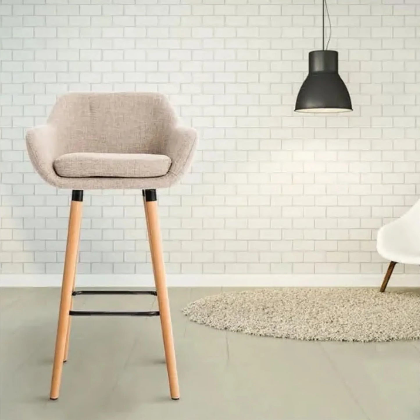 Set of 2 Bar Stools, with Backrest and Footrest, High and Padded Chair, Linen Surface, Solid Wood Legs, in Quilted Fabric - QUORE