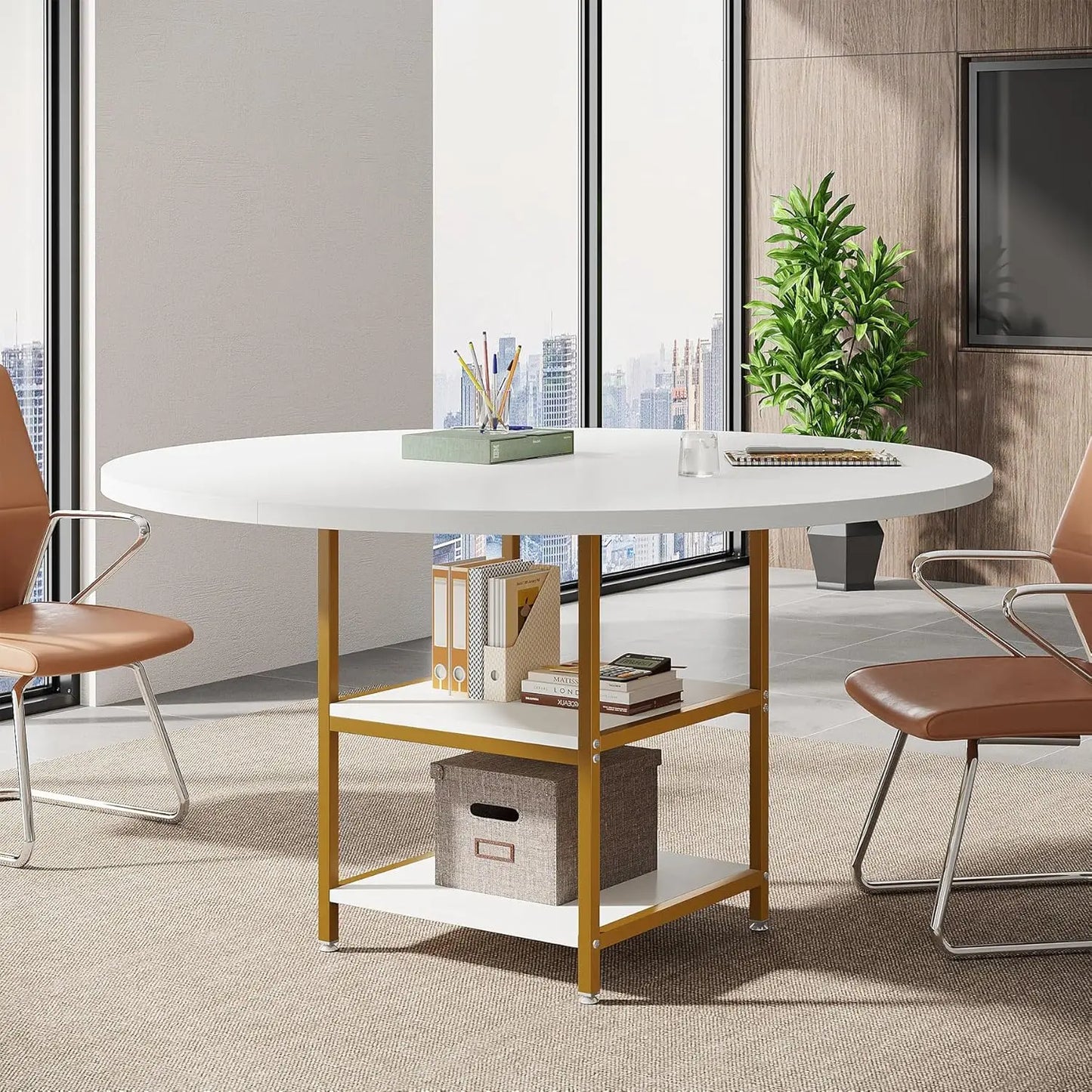 Ronde Vergadertafel – Meetingtafel – Overlegruimte – Werktafel – Conferentietafel – 120 Cm Diameter – Wit Tafelblad – Met Opbergruimte - 120 x 120 x 75 cm - Wit-Goud