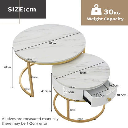Nesting Salontafel – Salontafel Set – Bijzettafel – Nachtkastje – Woonkamertafel – Wit Hoogglans Marmerpatroon – Ruimtebesparend Design – Metalen Goud Frame