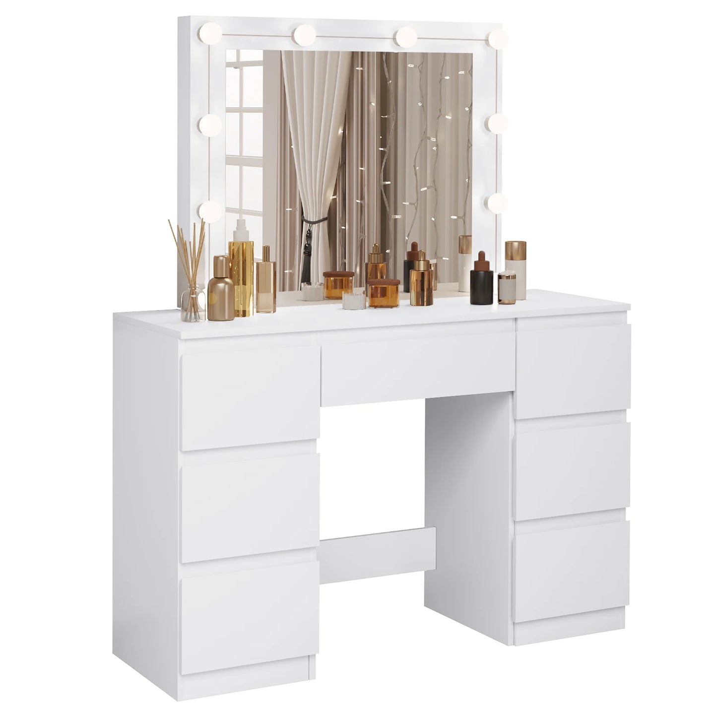 Kaptafel – Make-Up Tafel – Beautytafel – Schminktisch – LED-Verlichting – 7 Laden – Waterafstotend Hout - Wit - QUORE