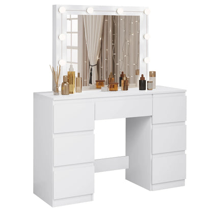 Kaptafel – Make-Up Tafel – Beautytafel – Schminktisch – LED-Verlichting – 7 Laden – Waterafstotend Hout - Wit - QUORE