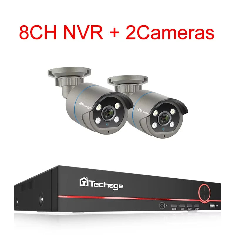 Комплект Techage 8CH HD 4MP POE NVR, система видеонаблюдения, H.265, обнаружение лиц, наружная двусторонняя аудио IP-камера, ком