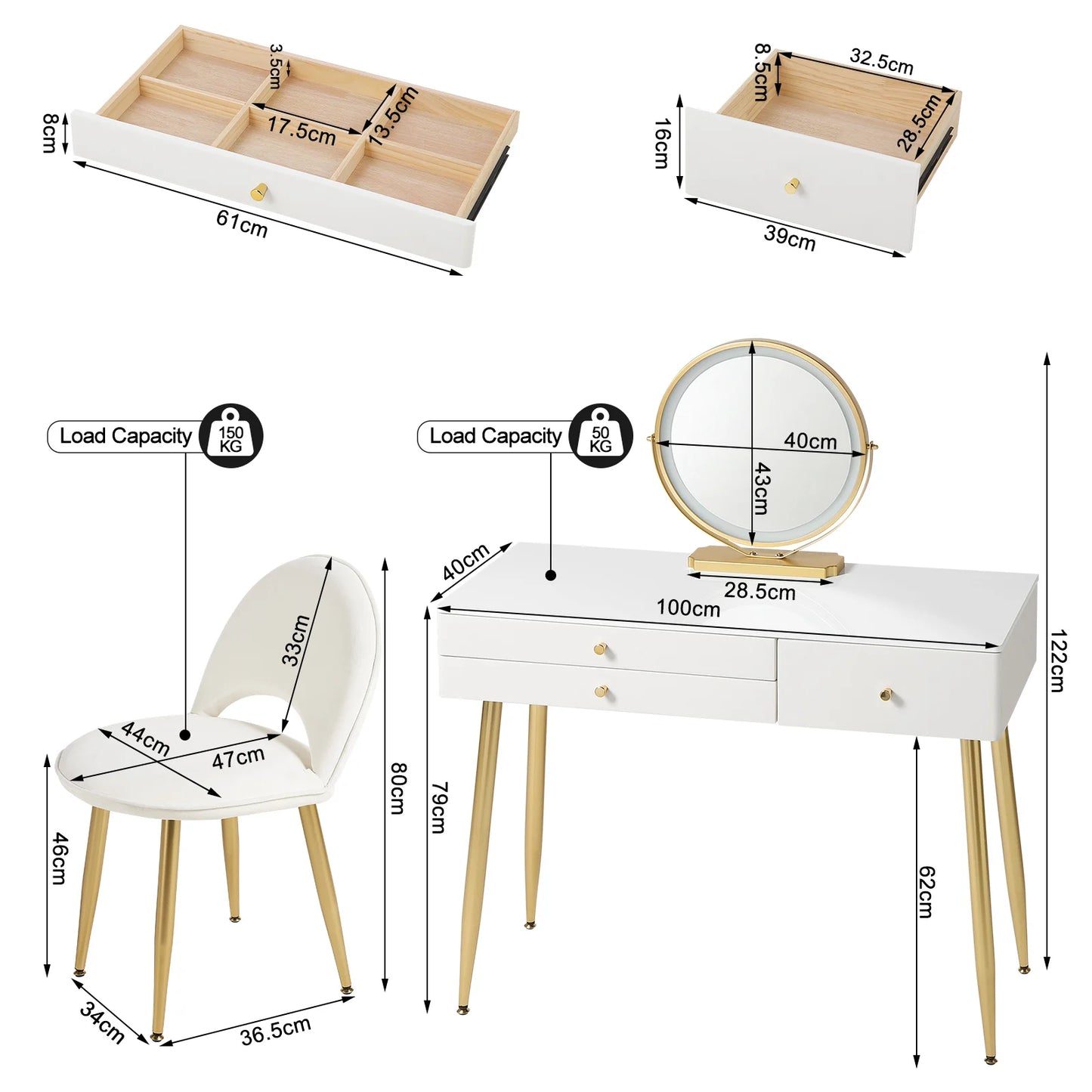 Make-up Tafel - met Spiegel - LED Spiegellicht - Kaptafel - Verstelbare - 100x40x122 cm - 3 Lades - Velvet Kruk - voor Slaapkamer -1SET - Wit