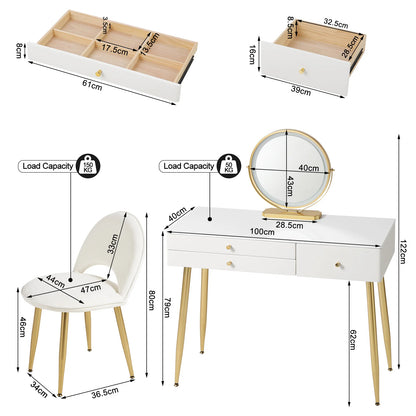 Make-up Tafel - met Spiegel - LED Spiegellicht - Kaptafel - Verstelbare - 100x40x122 cm - 3 Lades - Velvet Kruk - voor Slaapkamer -1SET - Wit