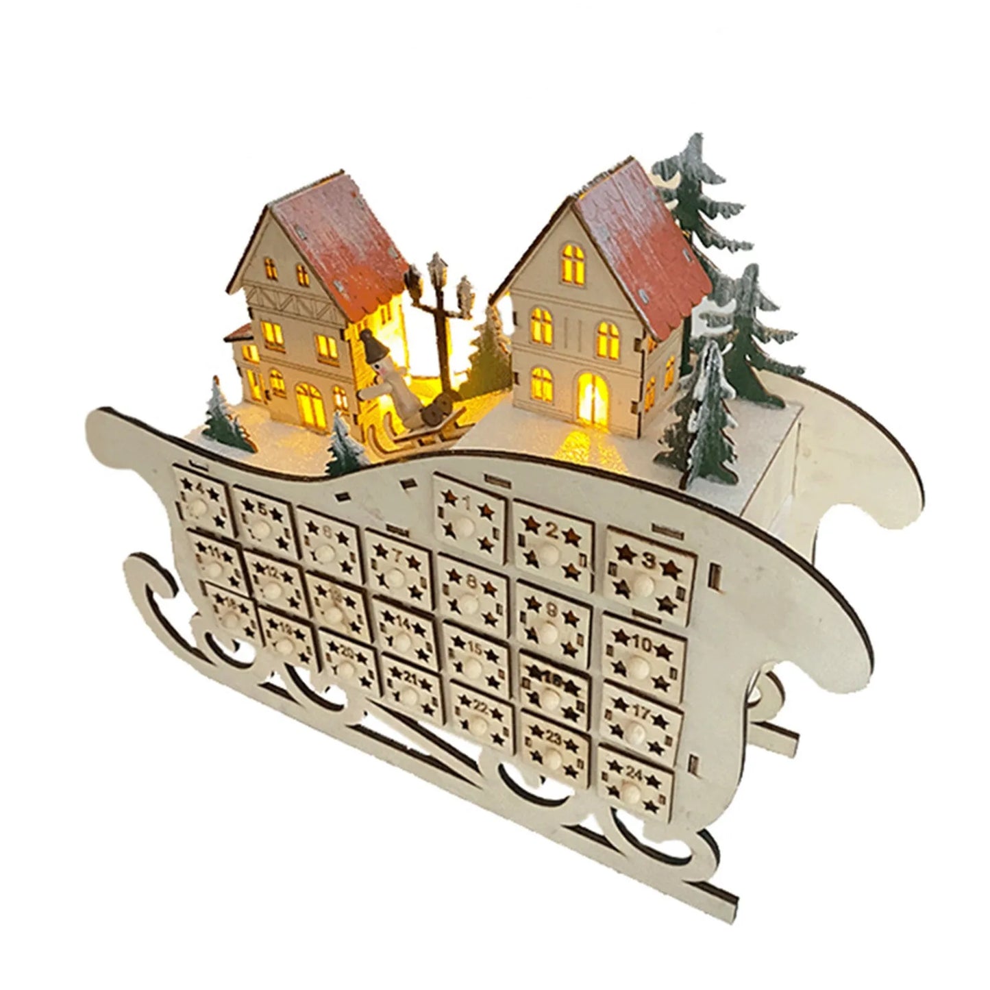 Advent Calendar - Christmas Advent Calendar - Wooden Sleigh Calendar - LED Creative Christmas Decoration - Accessories Practical Household - Interior Ornaments - Toys - Playset
