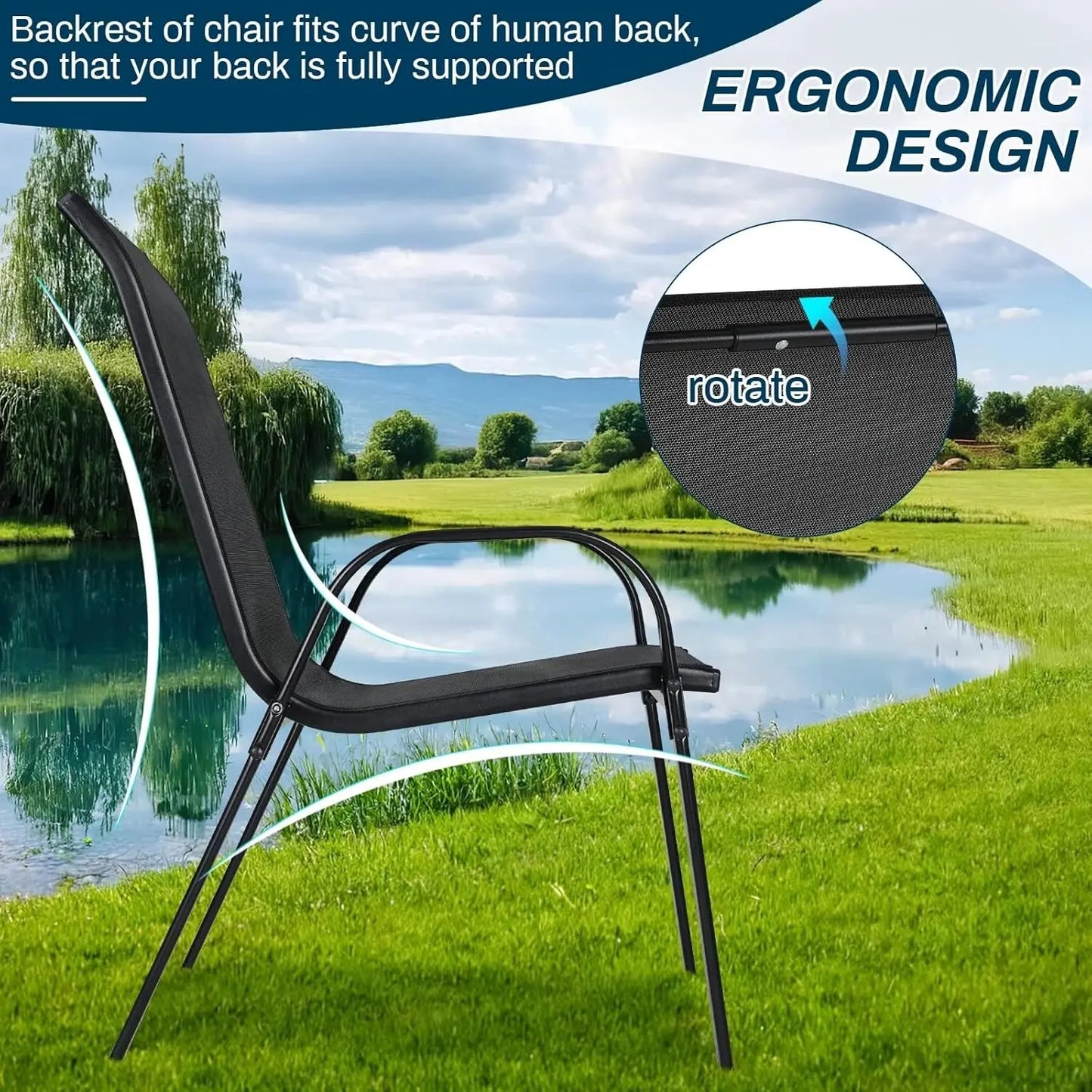 Tuinstoelen - Tuinstoel - Tuinmebeul - Set van 6 - Stoelen - Metalen - Stapelbare - Weerbestendige  - Ademend Textileen - Geschikt voor Terras - Balkon - Comfortabel - Ademend - Draagvermogen 150 kg - Zwart