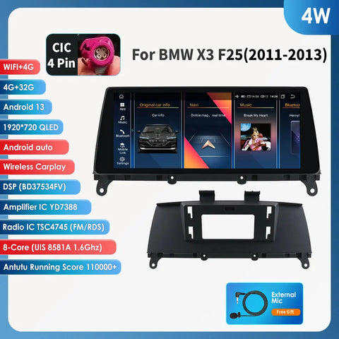 CarPlay - Multimedia Autoradio - Car CarPlay Scherm - Autoradio - Android Automultimedia - 4G - 10,33" - voor BMW X3 F25 CIC NBT voor BMW X4 F26 NBT - GPS - 2 Din - Stereo DSP - (4W) 4G-32G CIC