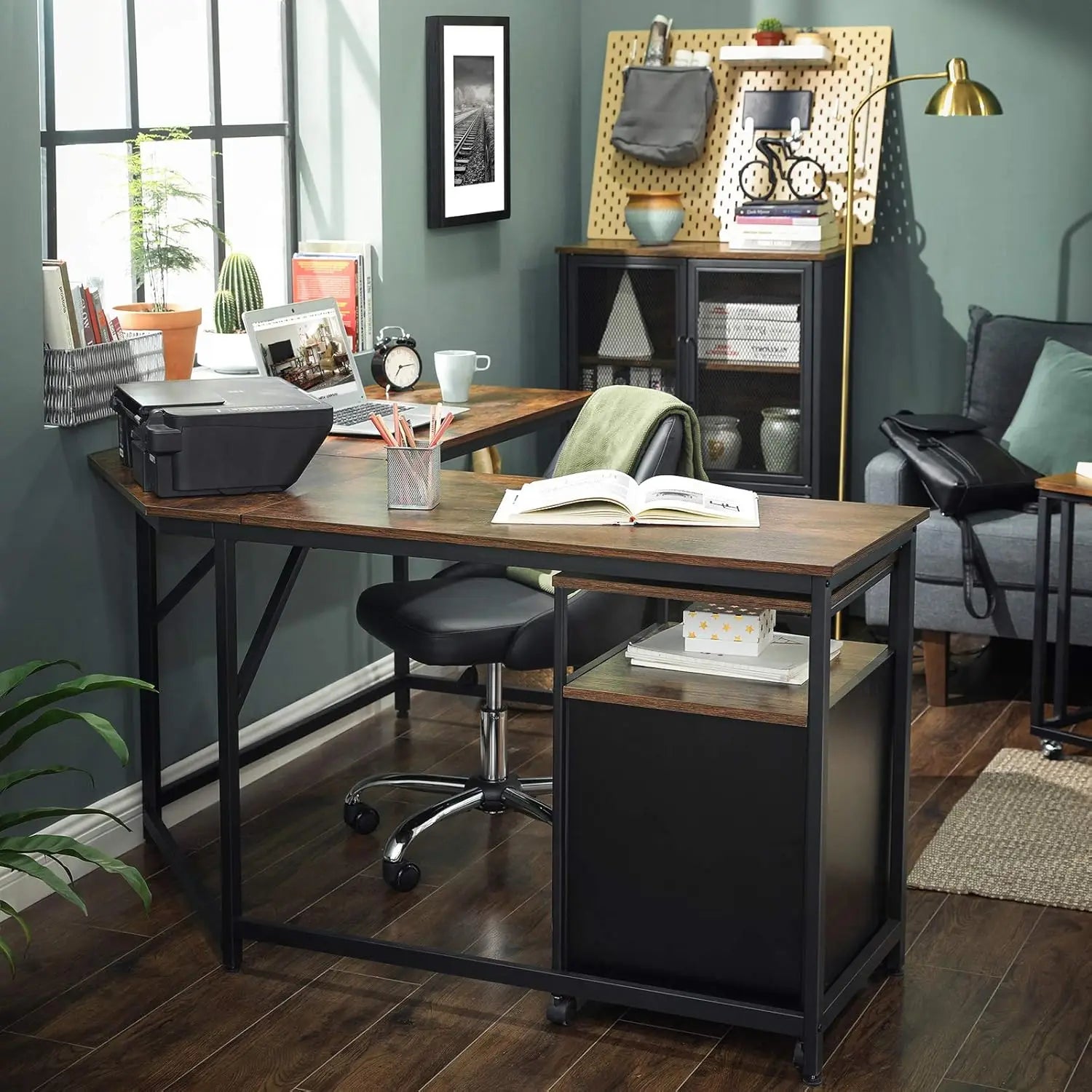 Gaming Bureau - Gaming Desk - Gaming Tafel - Computertafel - Computer bureau - 149x149cm – L-vormig Hoekbureau – Industrieel Design – Met Verwijderbare Plank - Bruin - QUORE