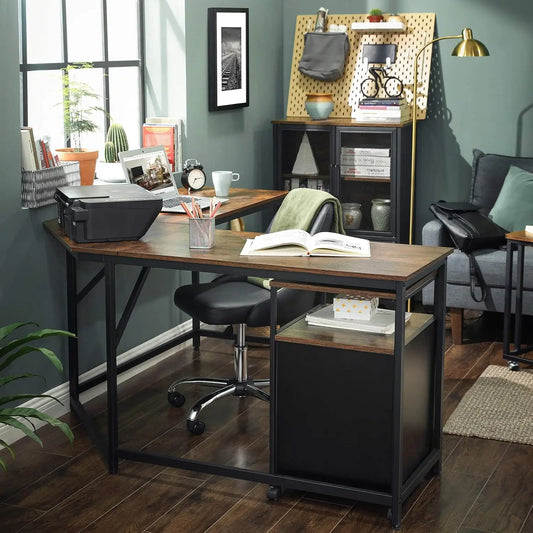 Gaming Bureau - Gaming Desk - Gaming Tafel - Computertafel - Computer bureau - 149x149cm – L-vormig Hoekbureau – Industrieel Design – Met Verwijderbare Plank - Bruin - QUORE