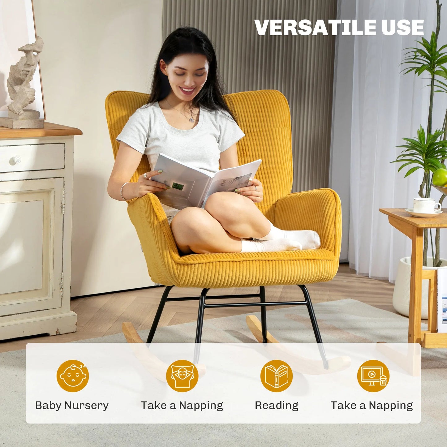 Schommelstoel – Relaxstoel – Woonkamerstoel – Leesstoel – Kinderstoel – Beukenhout En Staal – Ergonomische Rugleuning - 98 x 71 x 101 cm - Geel