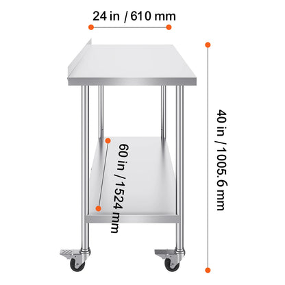 RVS Werktafel - Keukeneiland - Kookeiland - Keukentafel - RVS Werktafel met Verstelbare Bovenplank - 24 x 60 in - Roestvrijstalen Keukentafel met 2 Verstelbare Onderschappen