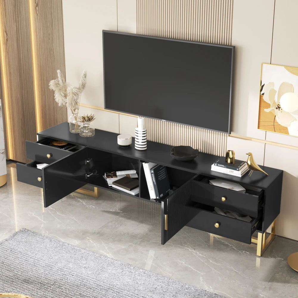 Tv-Meubel – Tv-Kast – TV-Meubel – Dressoir – Zwart Met Gouden Pootjes – Geschikt Voor Televisies Tot 79 Inch – Vier Lades En Centrale Kast - Zwart