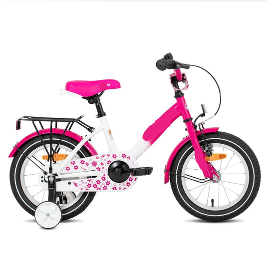 Kinderfiets - Loopfiets - Kleuterfiets - met Zijwielen - Inclusief Bel & Achterrek - Leuke Fiets - voor Meisjes en Jongens - van 2-7 Jaar - 14inch - Metaal - Roze