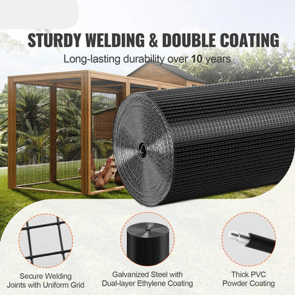 Tuingaas - Kippengaas - Kippengaas - Vogelgaas - Vogelnet - Gegalvaniseerd Gaasrol - 24"x100ft – 19Ga Met Vinylcoating – Metaaldraad Rooster voor Kippenren, Barrière of Dierverblijf - Zwart - QUORE
